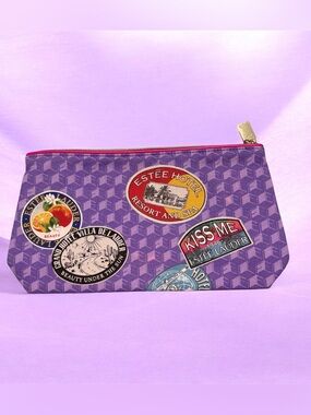 Estée Lauder Purple Passport Cosmetic Bag Retro Travel Stamps Makeup Pouch